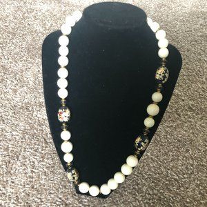 White Beaded Necklace with Black Floral Beads